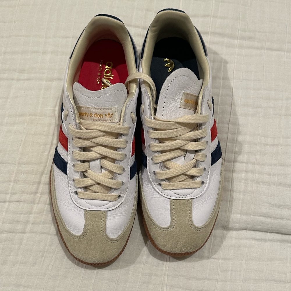 Adidas Women's White, Red, and Blue Sambas. Sporty and Rich